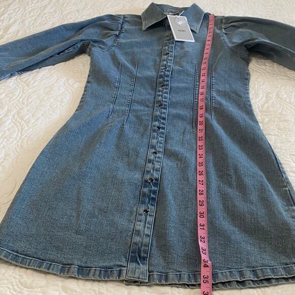 ICHI Denim Pearl Snap Puff Sleeve Dress Size 34 Western Country Sustainable - Picture 5 of 13